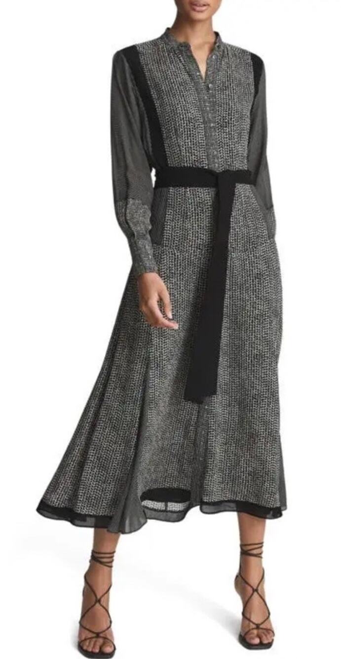 Reiss Tanis Mixed Print Midi Dress Dolman Sleeve Belted Black White Luxury Sz 8